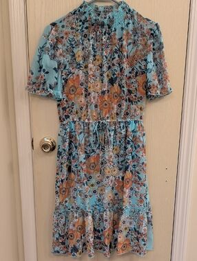 Stella & Julie Light Blue Floral Tie-Waist Dress Size 6 Puff Sleeve Ruffle Hem